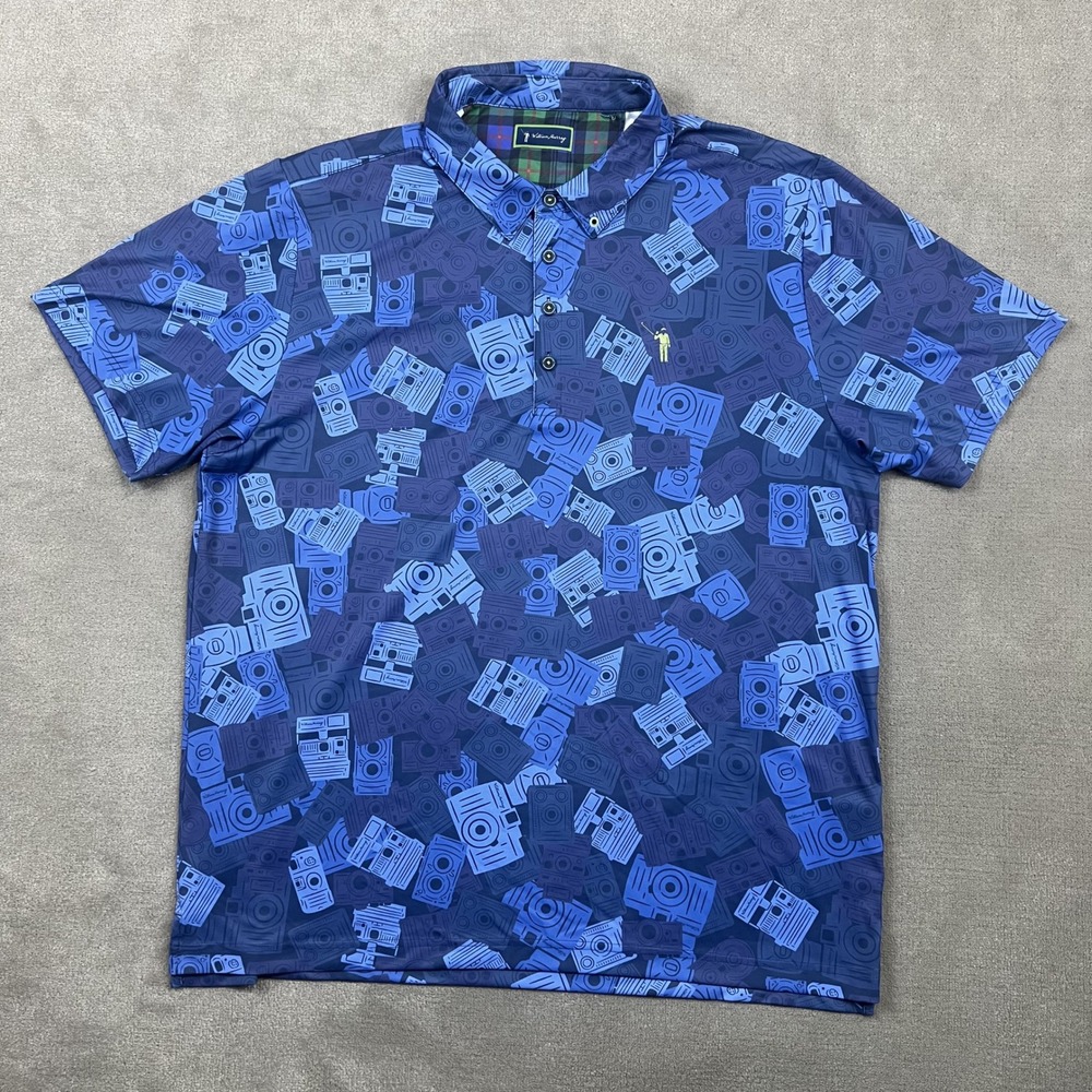 William Murray Polo Shirt Mens XL Blue Vintage Camera Print Performance Golf